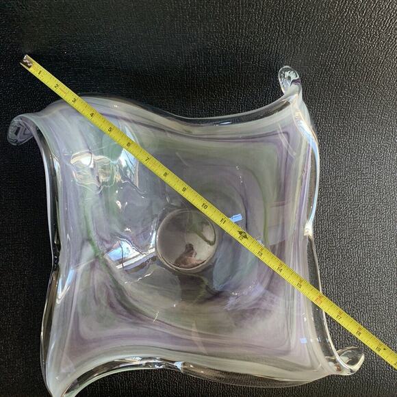 19” Murano Style Handblown Bowl Glass Ribbon Vase Wave Ribbed Purple Green Glass - Picture 8 of 16